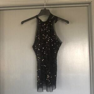 Love Culture Medium Black Sequins Back Tie Neck Sheer Mesh Sleeveless Top
